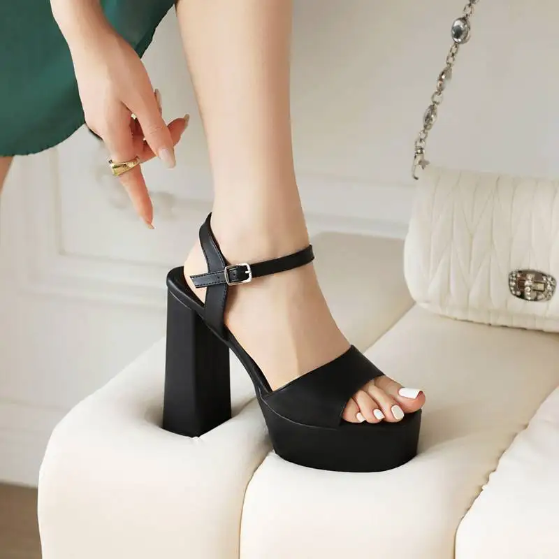 

SIMLOVEYO Sexy Women Sandals Square Toe Ultrahigh Heels 12cm Platform 4cm Buckle Strap Plus Size 40 41 42 43 Party Female Shoes