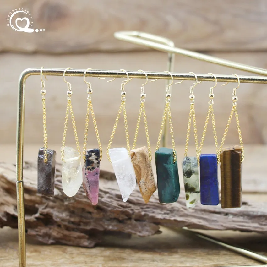 

Gemstone Silce Slab Pendant Beads Dangle Earring Raw Crystal Quartz Rectangle Point Gold Ear Pendant Women Hook Jewels QC7065