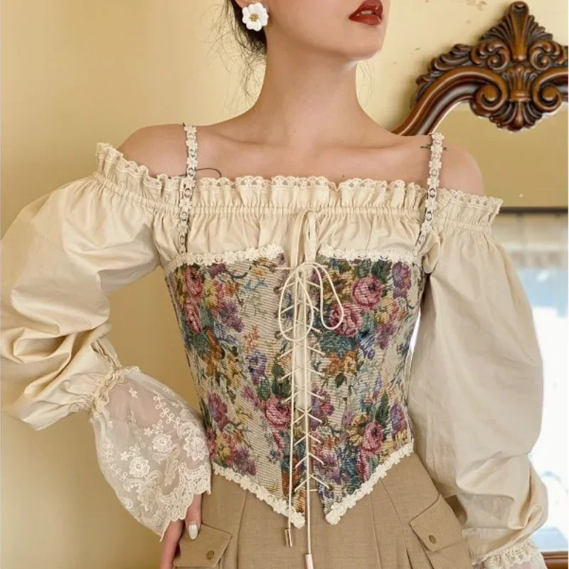 

Ladies Elegant Designer French Retro Print Halter Top Chic Bandage Floral Tight Blouse Sexy Style Party Club Ladies Top Y2k Top