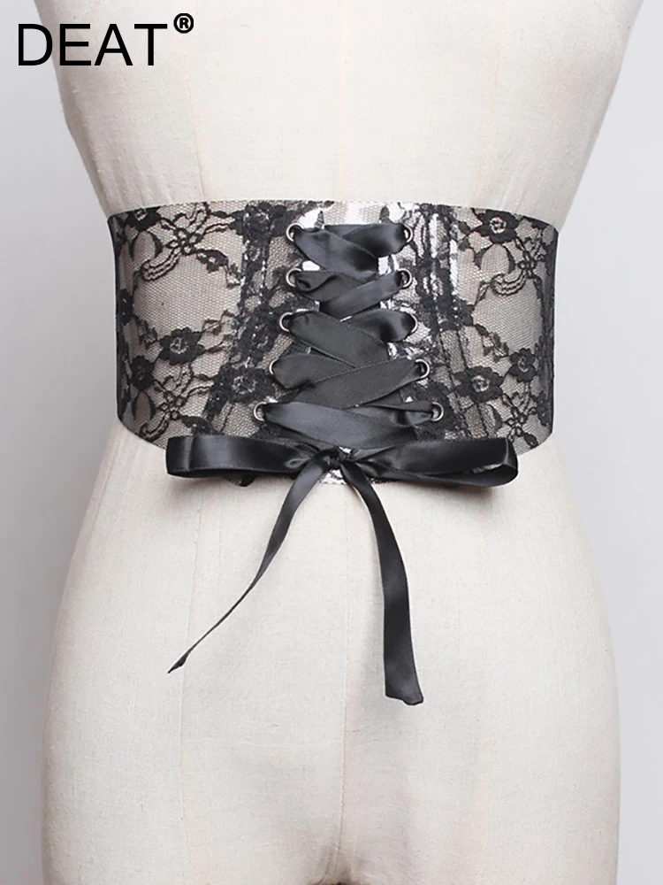 

DEAT Women's Elastic Belt Fish Bone Transparent Lace Wide Waist Adjustable Straps Fashion Female Girdle Summer 2023 New 13DB2379
