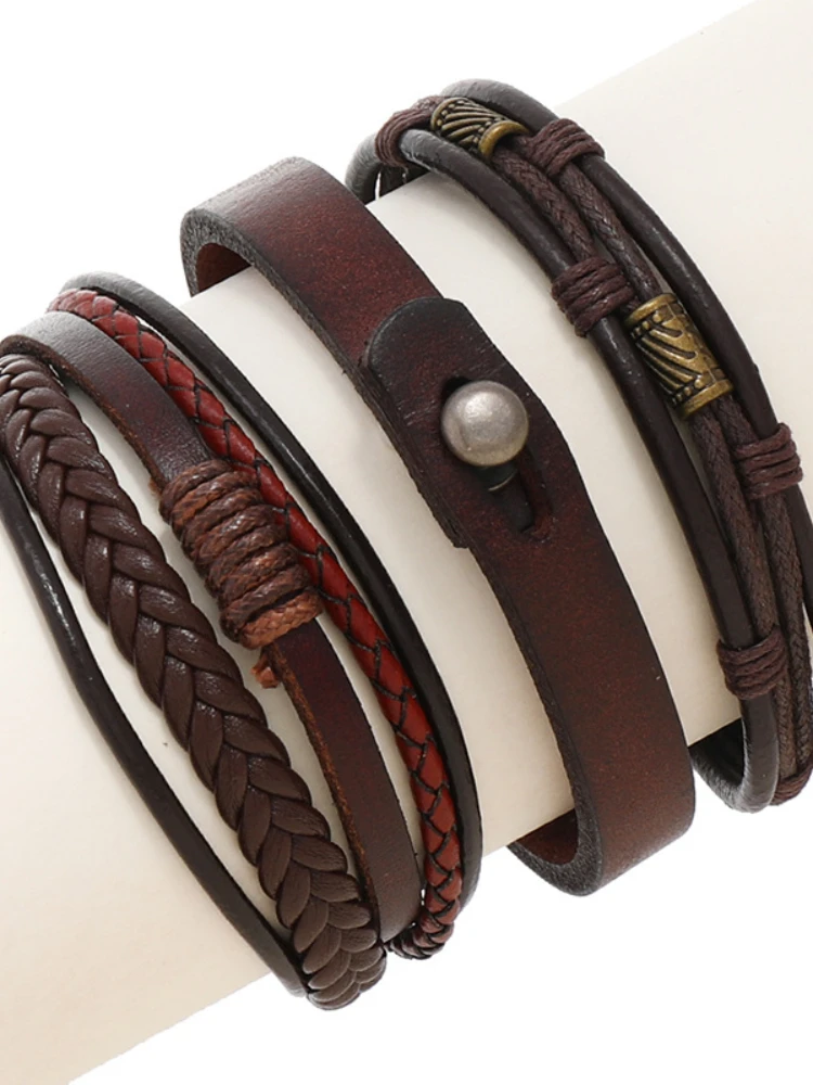

Комплект из трех предметов для мужчин и женщин, Плетеный вручную браслет из воловьей кожи в европейском и американском ретро стиле, модный б...