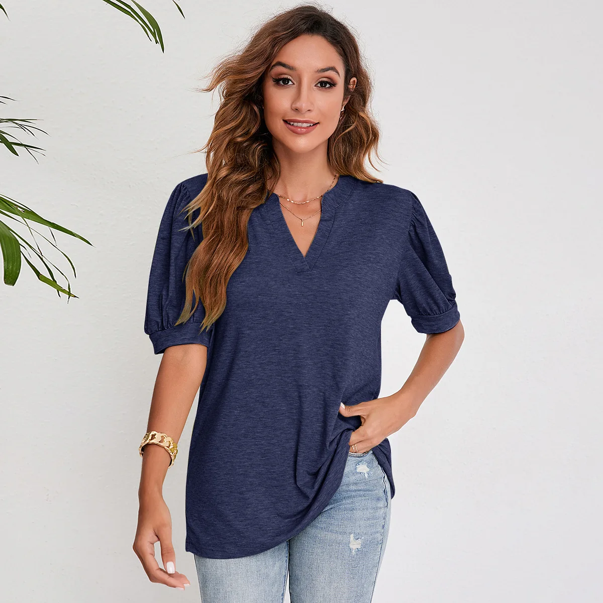 

2022 Europe and The United States Women's Jacket Summer New Casual V-neck Solid Color Bubble Sleeve Loose T-shirt