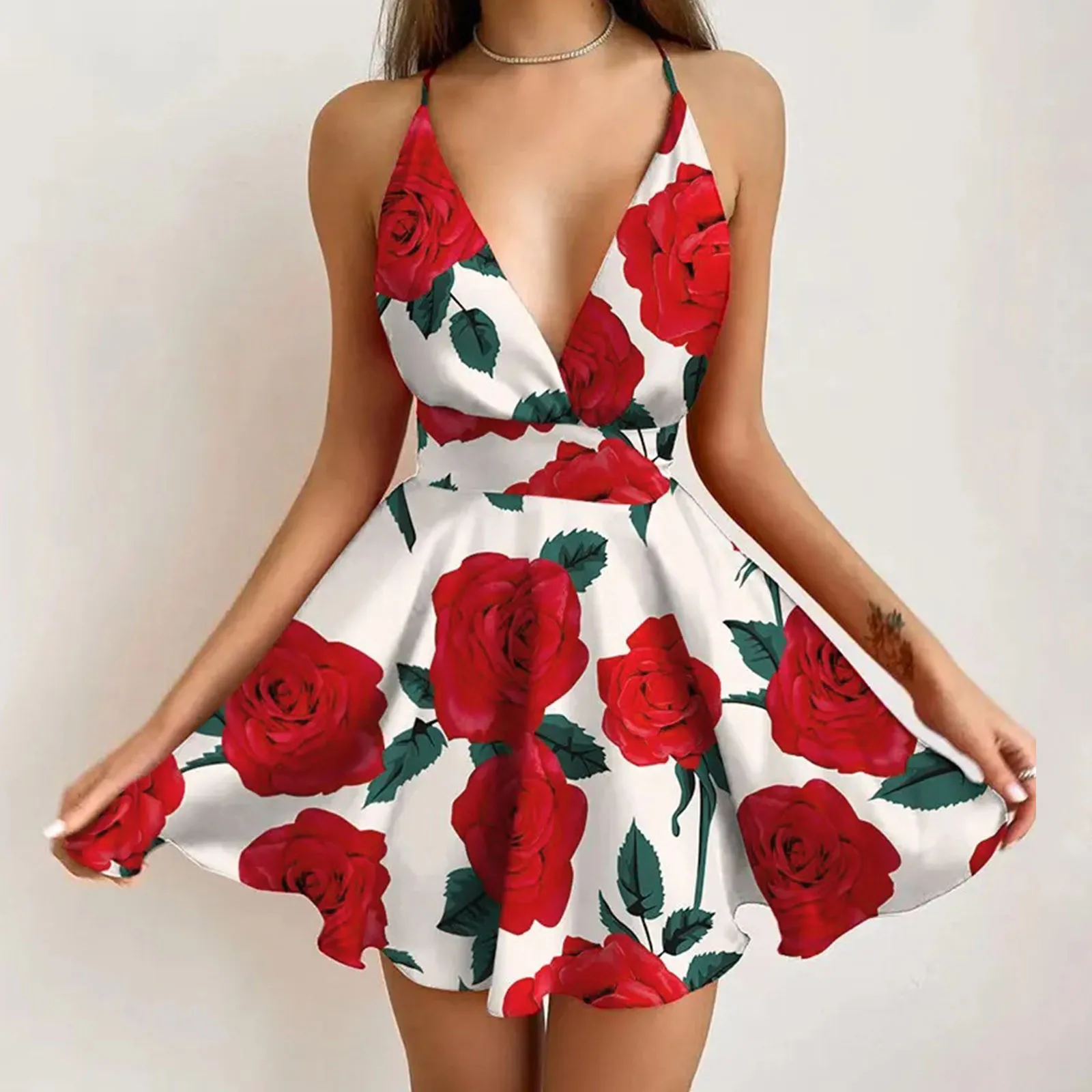 

Womens Summer Floral Wrap V Neck Adjustable Casual Ruffle Dress Cute Maxi Dresses for Women