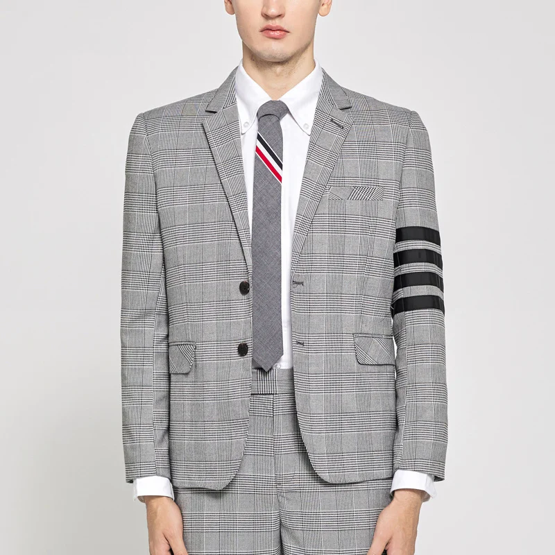 

TB THOM Male Suit Jacket Top Fashion Designs Men's Clothing Black White Grid 4-bar Stripe Blazer Business Casual Wedding Dress