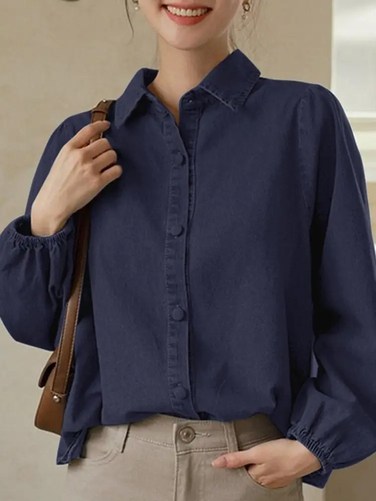 

Женская Повседневная однотонная Туника большого размера из денима, голубая винтажная блузка ZANZEA с длинным рукавом, 2023