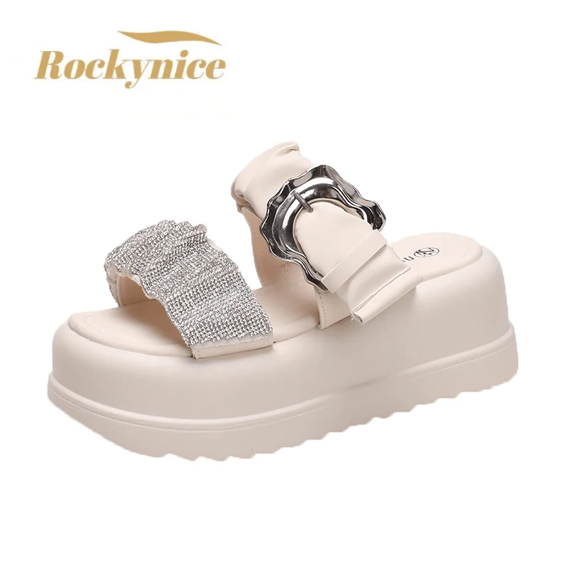 7CM Thick Bottom Wedge Slippers Women Summer Bling Chunky Platform Sandals Woman Buckle Flip Flops High Heels Sandalias Mujer