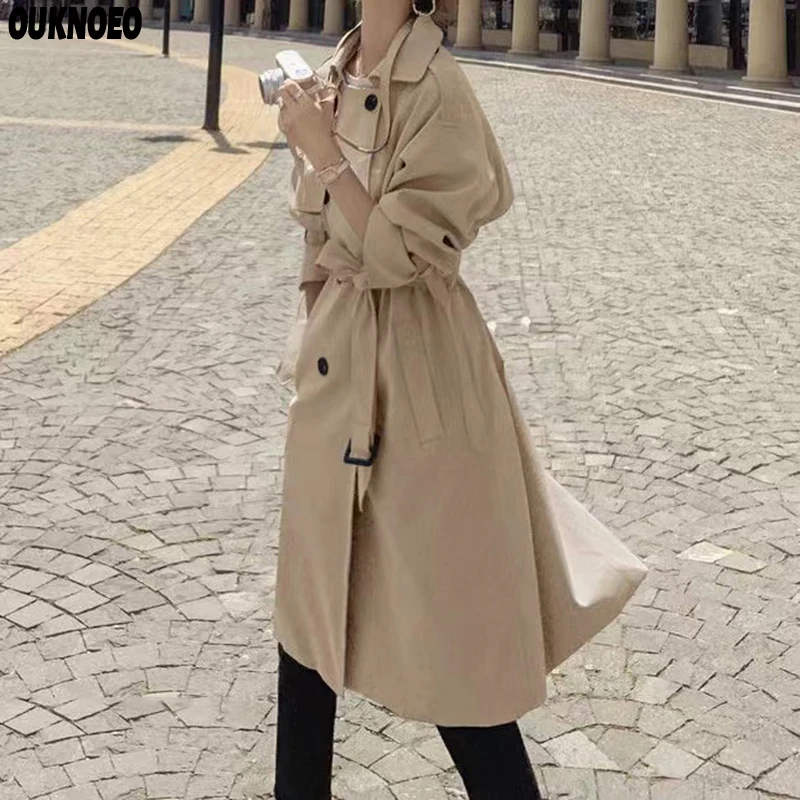 

Женский Длинный тренчкот, элегантный модный Свободный плащ с поясом в Корейском стиле, верхняя одежда, тонкая весенняя женская ветровка, 2022