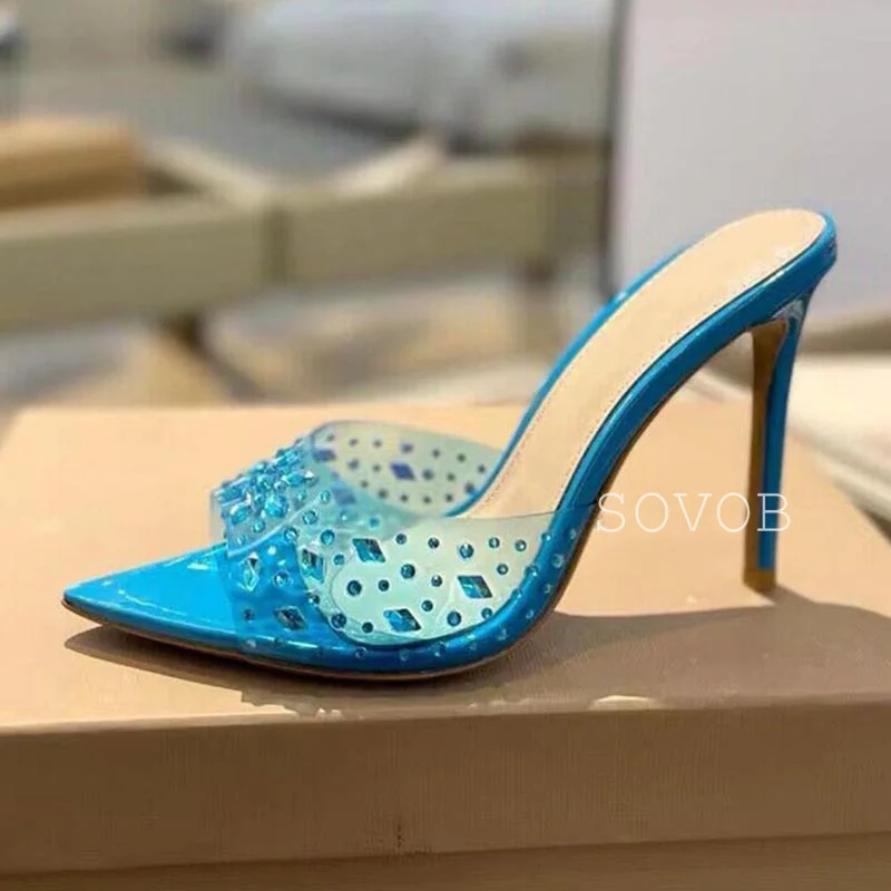 Летние туфли с острым носком из ПВХ Bling Crystal женские универсальные на высоком