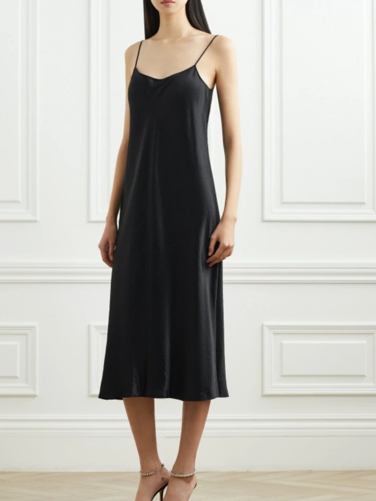 

2023 Spring and Summer New Women Satin Mid-length Suspender Drape Dress