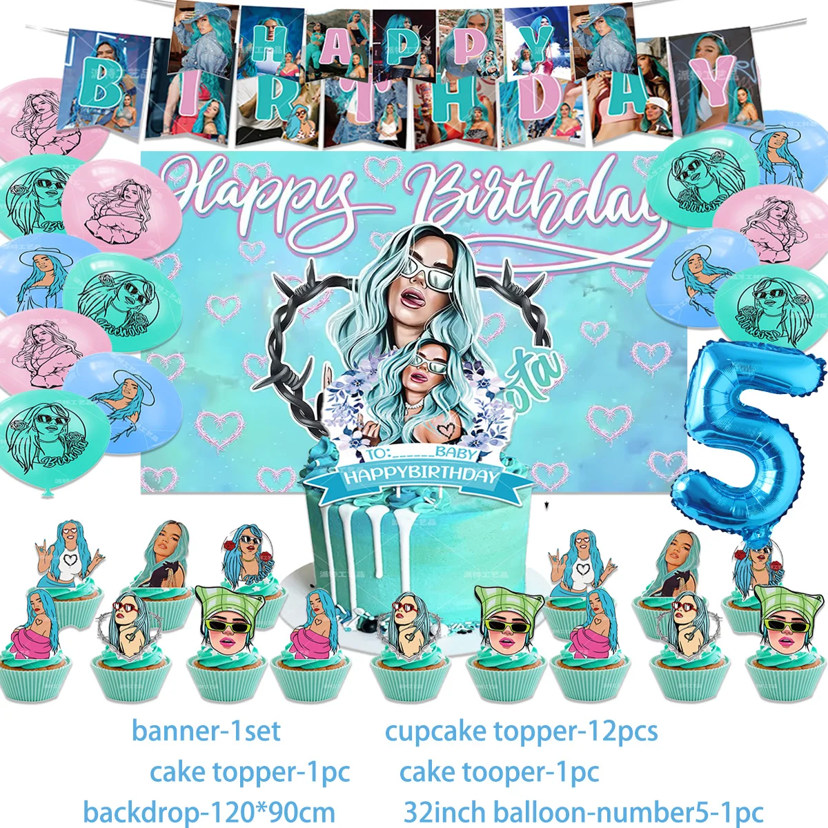 Karol G Theme Girl's Birthday Party Supplies Decoration Blue Lantex Balloon Banner Backdrop Cake Topper Kids Baby Shower Gifts