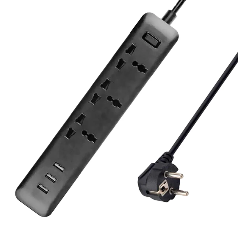 

Power Socket 3 Port Jack+3 USB Power Board Smart Mobile Phone Tablet Charging Universal Socket Black 1.8M