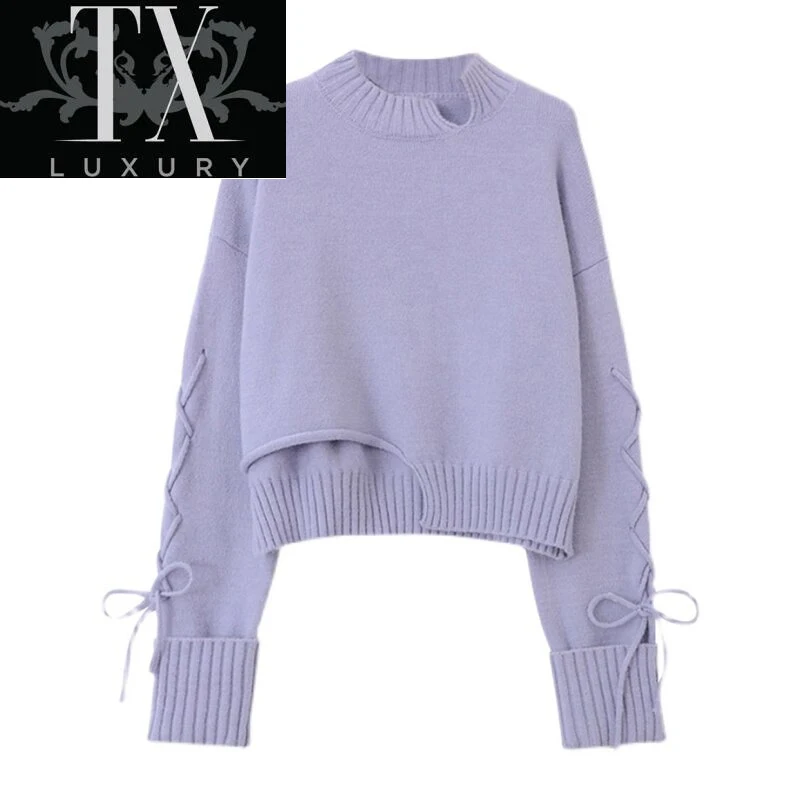 

Fashion Korean Loose Long Sleeve Chic Women Autumn Y2k Streetwear Irregular Purple Knitted Pullover Sweater Female