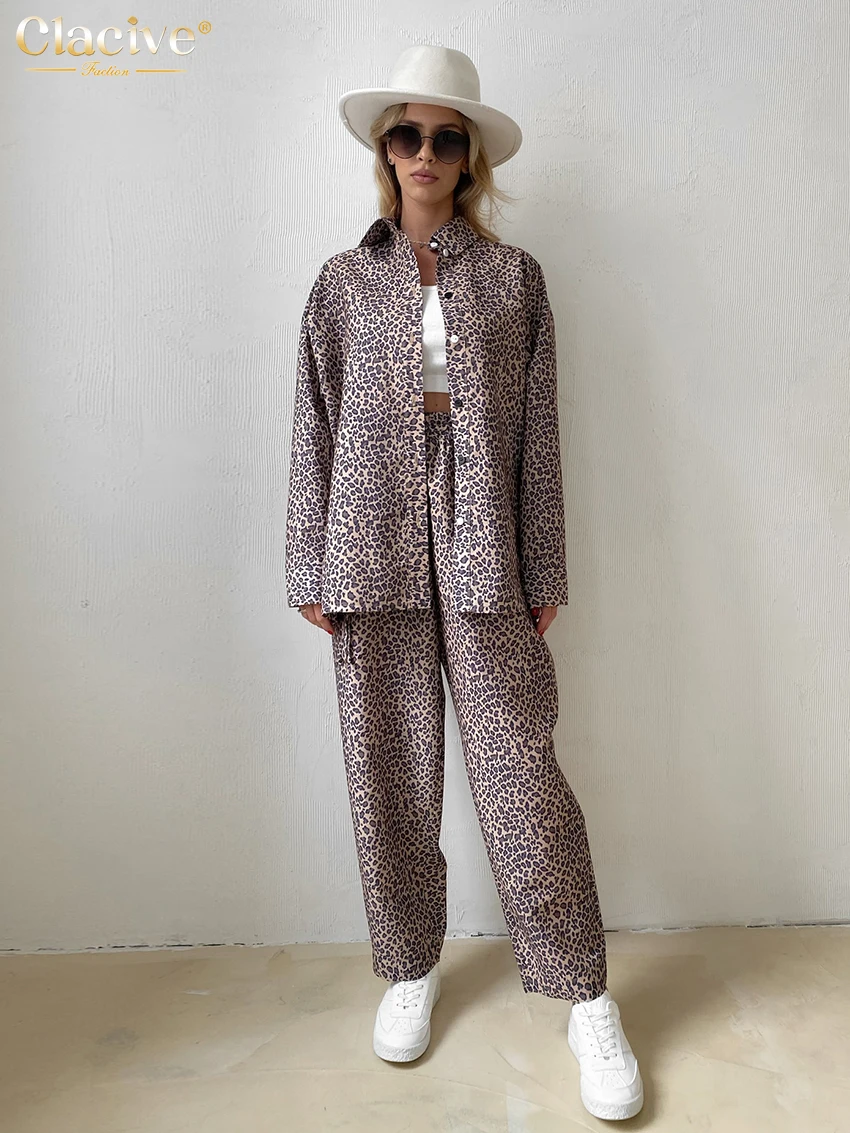 

Clacive Fashion Loose Print Womens 2 Piece Outfit Set Elegant Long Sleeve Blouse With High Waist Pants Set Female Streetwear