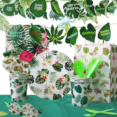 Гавайские украшения для вечеринок, одноразовые бумажные тарелки с листьями черепахи, наборы с тематикой цветов и листьев