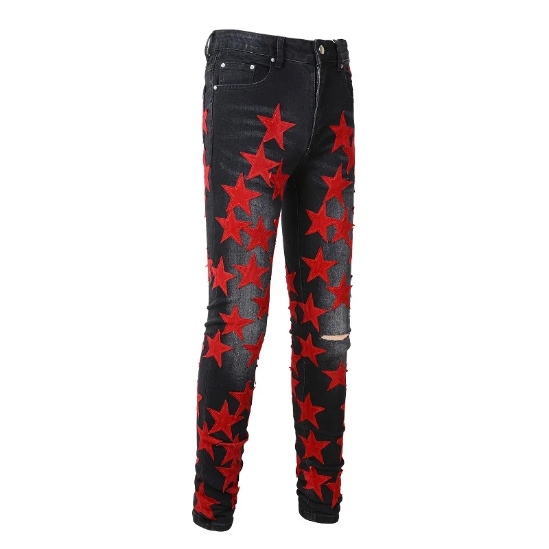New Mens Black Slim Fit Streetwear Fashion Distressed Denim Pants Skinny Stretch Red Stars Leather Stars Patchwork Ripped Jeans