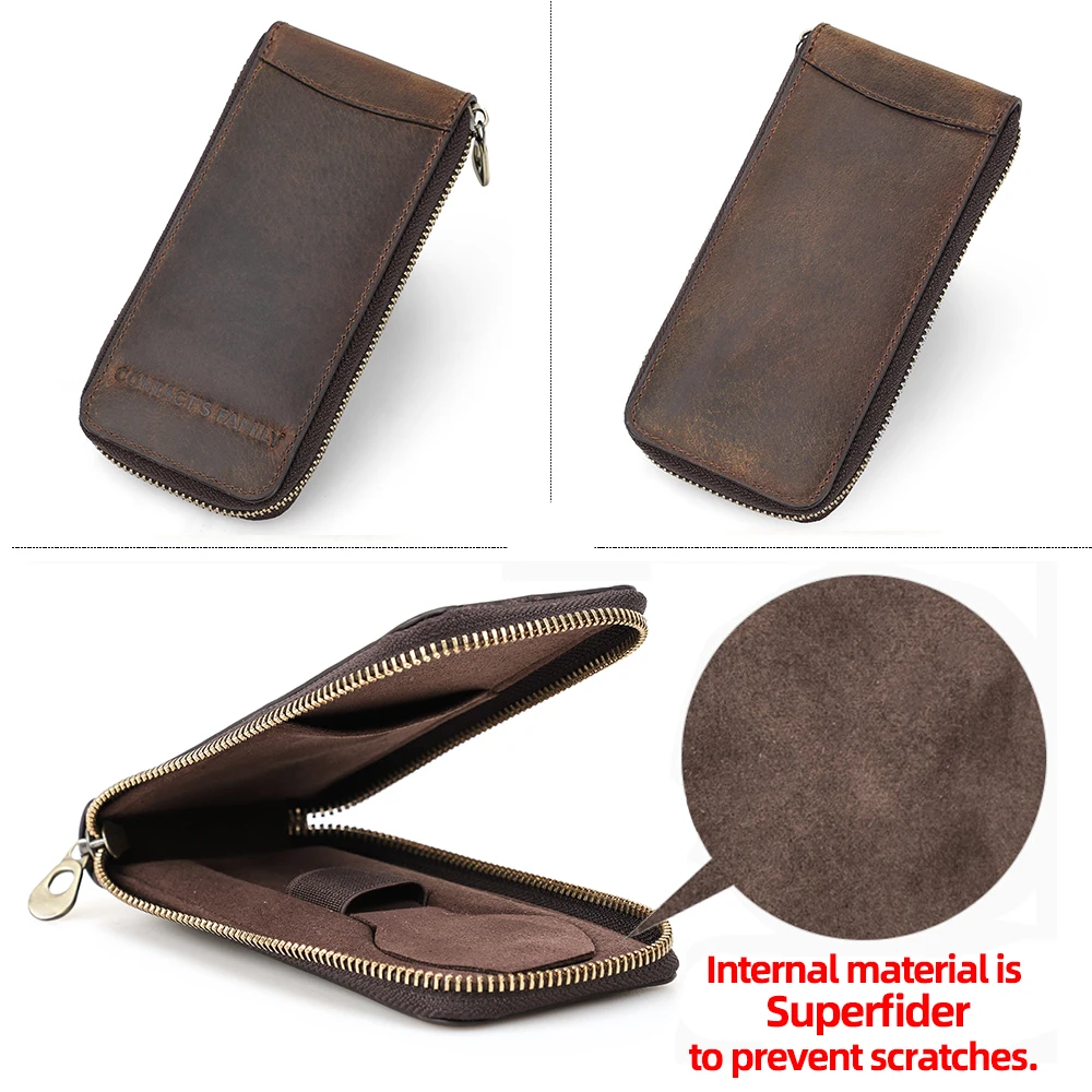 CONTACT'S FAMILY Genuine Leather Vintage Handmade Watch Pouch Travel Portable Leather Organizer with Card Slot Zipper Case