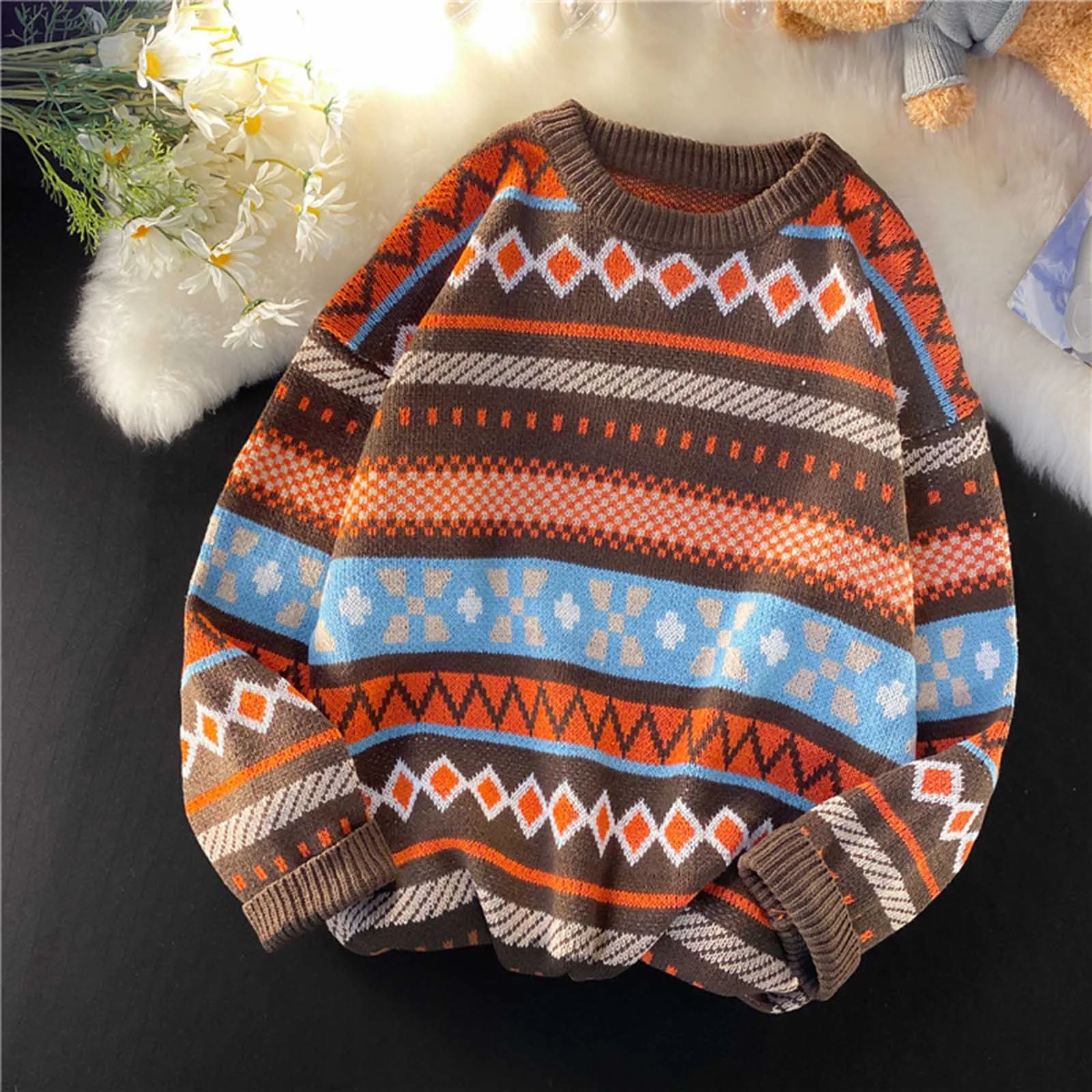 

Свитер оверсайз, свитер с этническим принтом, пуловер с круглым вырезом в стиле Харадзюку, мужской свитер, джемпер, свободная Мужская одежда, мужской свитер