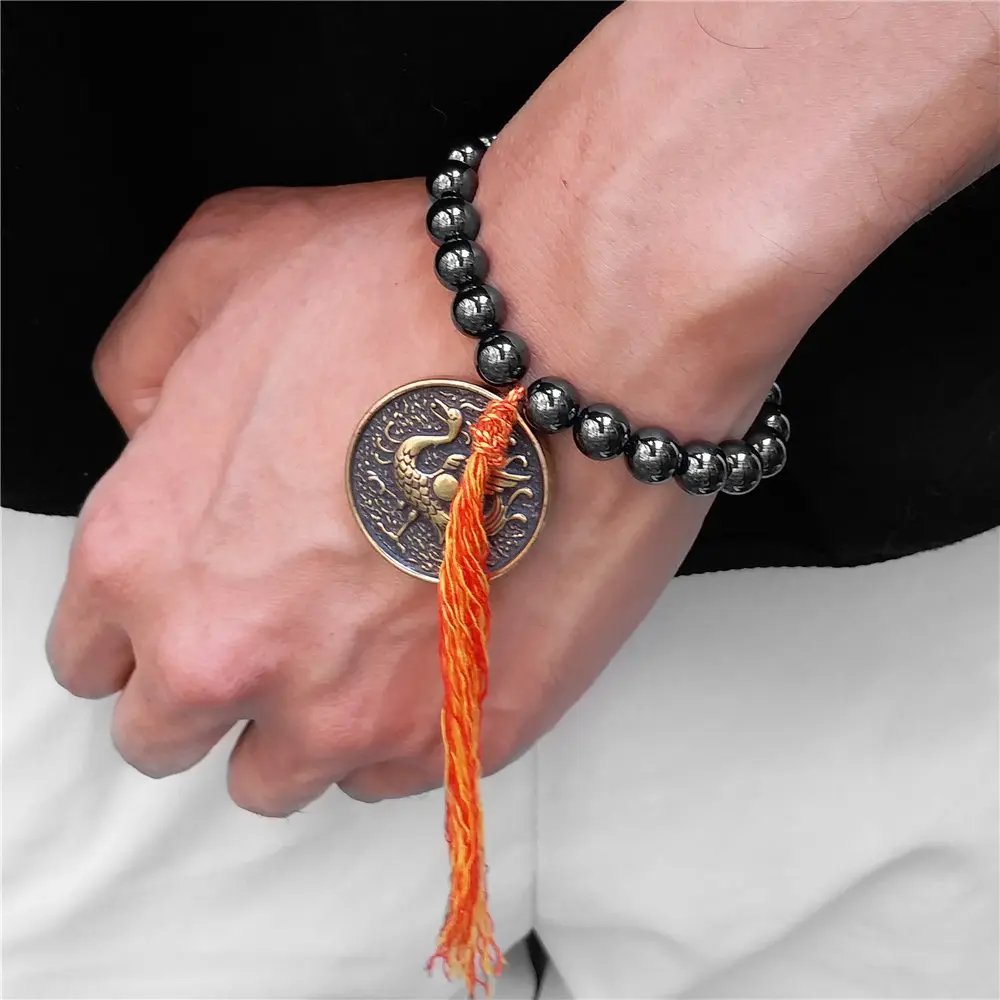 

Feng Shui Mythical Beast Magnetic Hematite Stretch Beads Bracelet Men Women Tibetan Buddhist Braided Lucky Knots Rope Bracelet