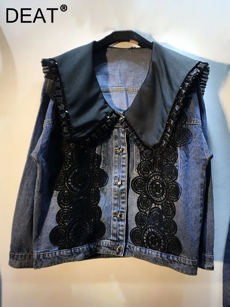 

DEAT Women Denim Coat Peter Pan Collar Lace Panelled Patchwork Single Breasted Long Sleeve Jacket 2023 Autumn New Fashion 29L693