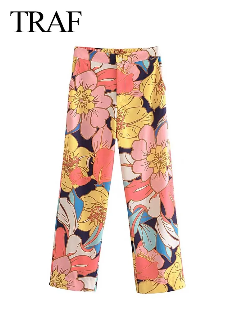 

Брюки женские прямые с цветочным принтом, на молнии, с боковыми карманами