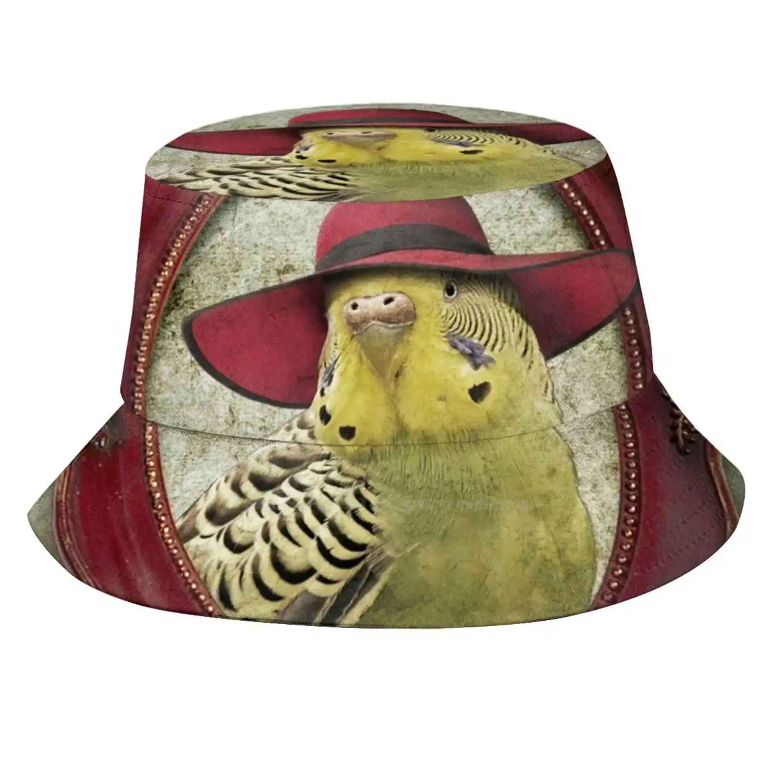 Green Budgie In Red Hat Flat Top Breathable Bucket Hats Budgies Budgerigar Common Parakeet Shell Parakeet Birds In Hats Budgie