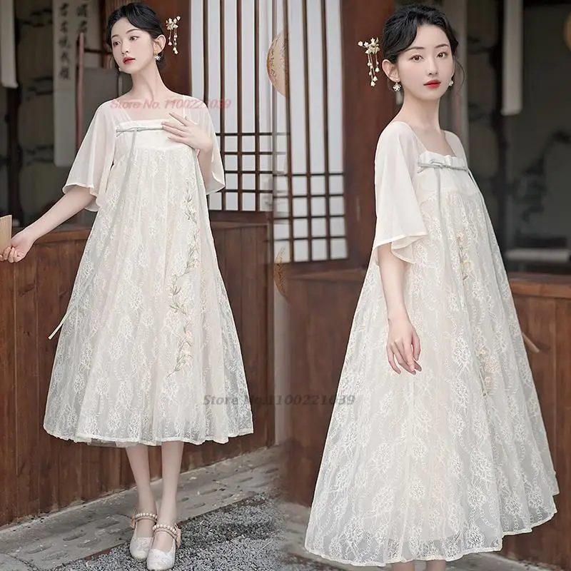 

2023 traditional chinese improved dress ruqun hanfu national flower embroidery lace dress oriental vintage fairy dress hanfu