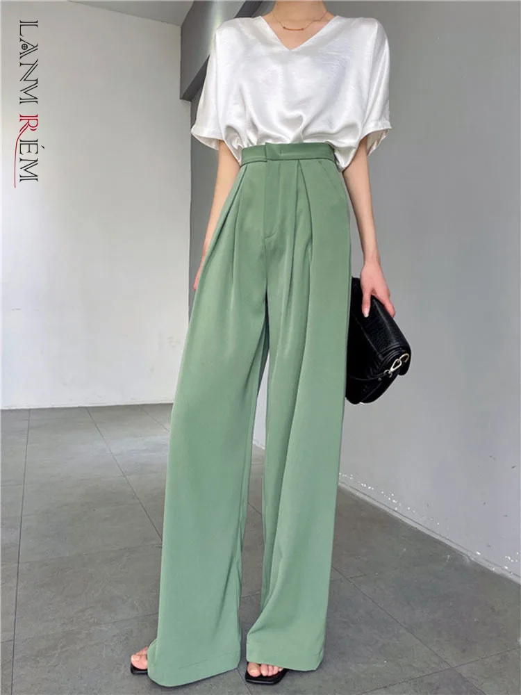

LANMREM 2022 Summer Casual Wide Leg Pants Women's High Waist Loose Thin Drape Straight Trousers Green Color Office Lady 2R2580