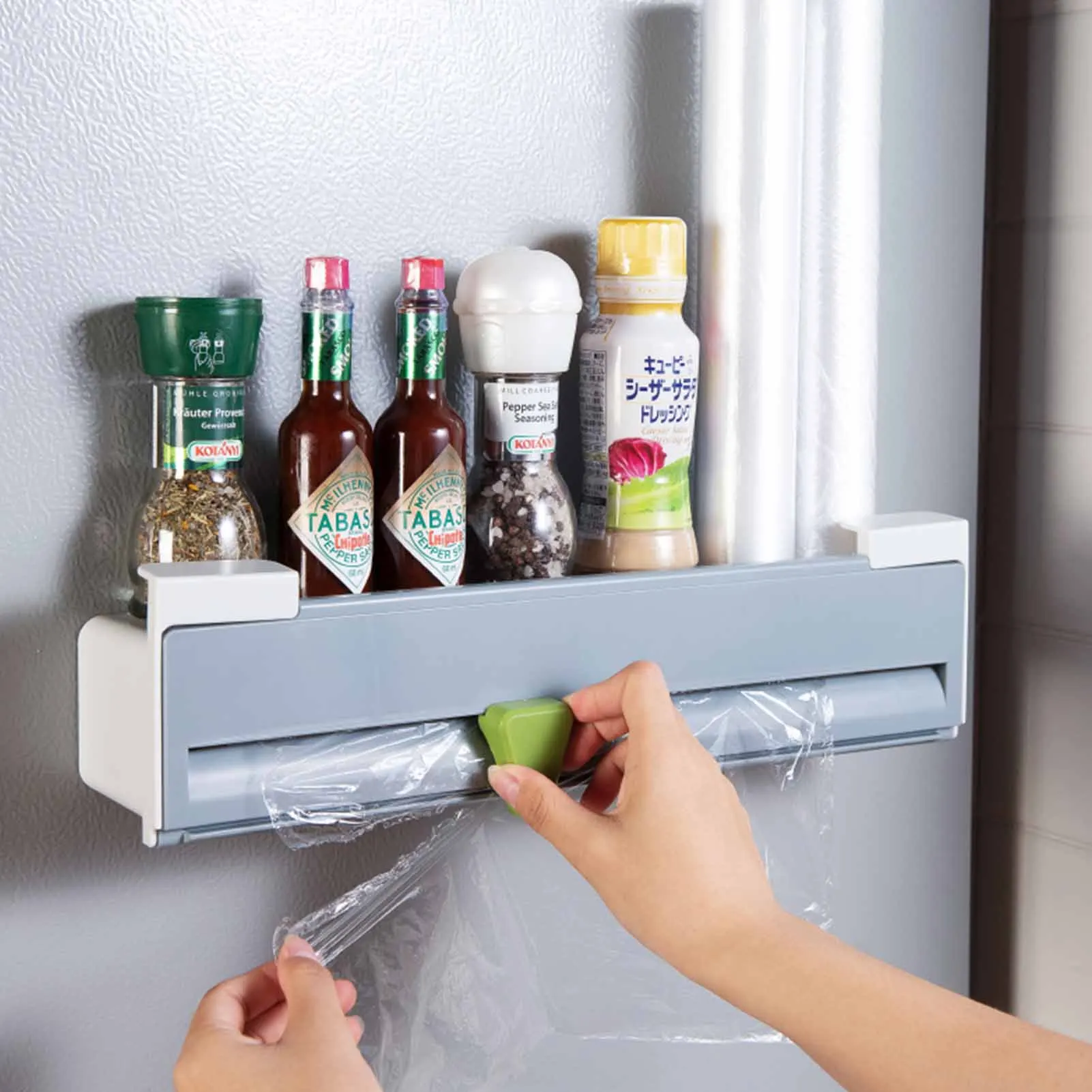 

Food Wrap Dispenser Cutter With Spice Bottle Storage Shelf Wall Hanging Self-adhesive Fixing Foil Cling Film Wrap Dispenser