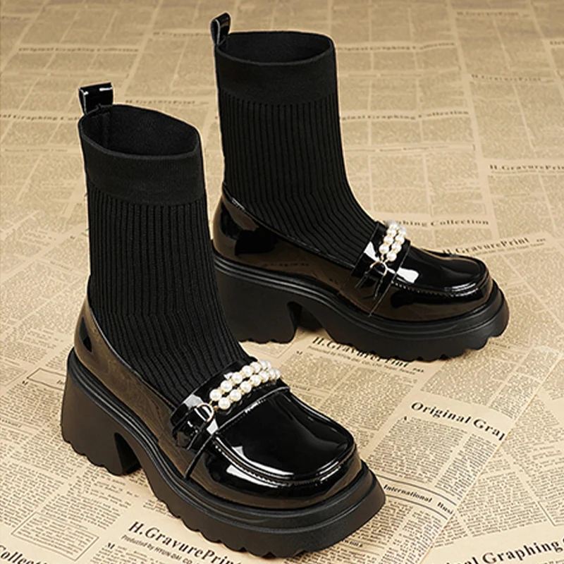Женские зимние ботильоны на платформе с бусинами модная обувь среднем каблуке