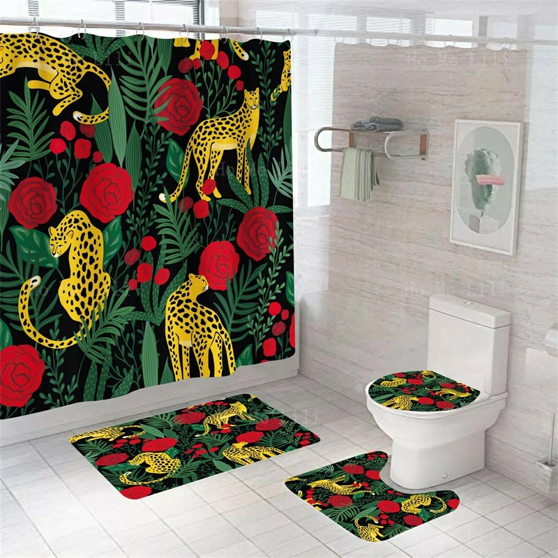 

Leopard Rose Tropical Plants Wild Animals Shower Curtain Bathroom Carpet Set Bath Rug Non-slip Toilet Lid Cover
