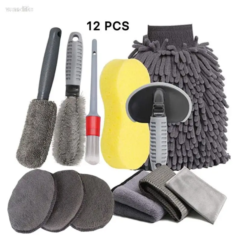 

Car Wash Utility Brushes 12-Piece Set Automobile Tire Brush Double Strand Hub Brush Encryption Large Size Car Washing Gloves