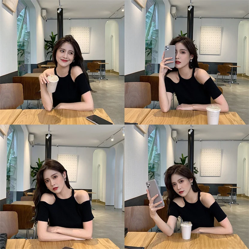 

Off Shoulder Short Sleeve T-shirt Women Tshirt Spring Summer New Niche Design Sense Cut Shoulder Round Neck Heart Sexy T Shirt