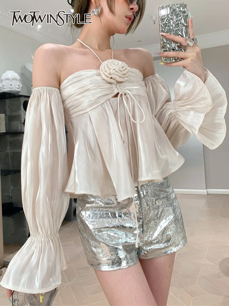 

TWOTWINSTYLE Solid Temperament Blouses For Women Halter Lantern Sleeve Spliced Floral Elegant Shirts Female Fashion Clothing New