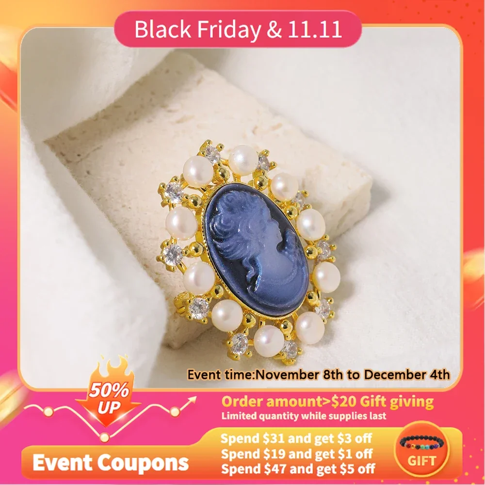 Броши GLSEEVO с натуральным жемчугом камея синие резные инкрустированные цирконами