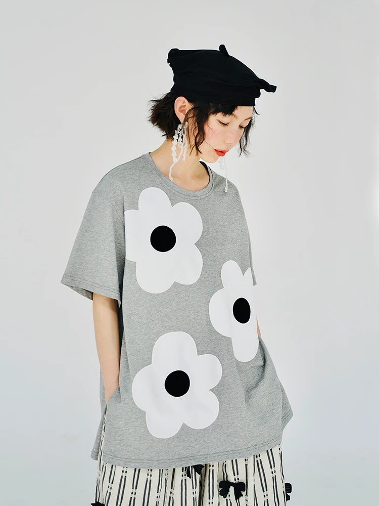 Оригинальная серая футболка imakokoni из чистого хлопка с аппликацией, пуловер, рубашка с коротким рукавом, Повседневная Свободная Летняя женск...