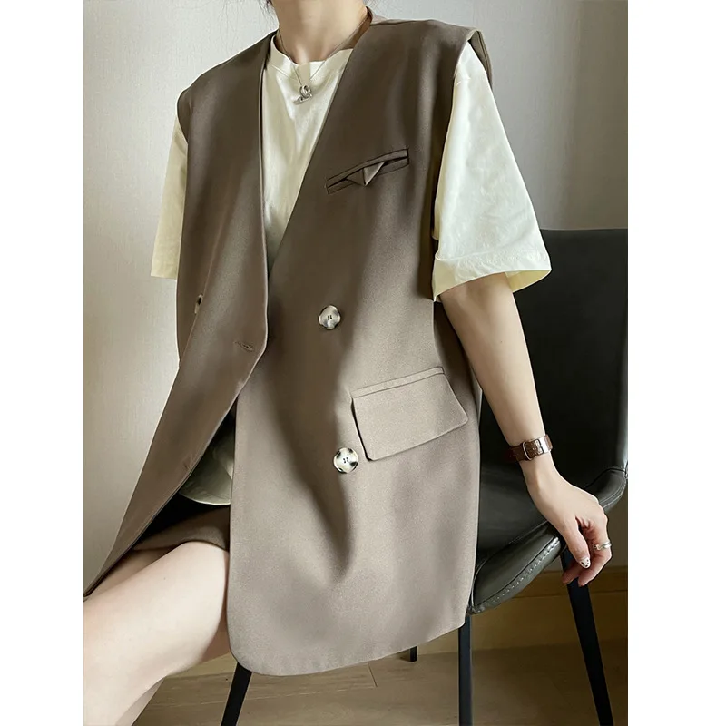 

SuperAen 2022 Spring New Straight Women's Suits Jacket Double-breasted Sleeveless Vest Loose Solid