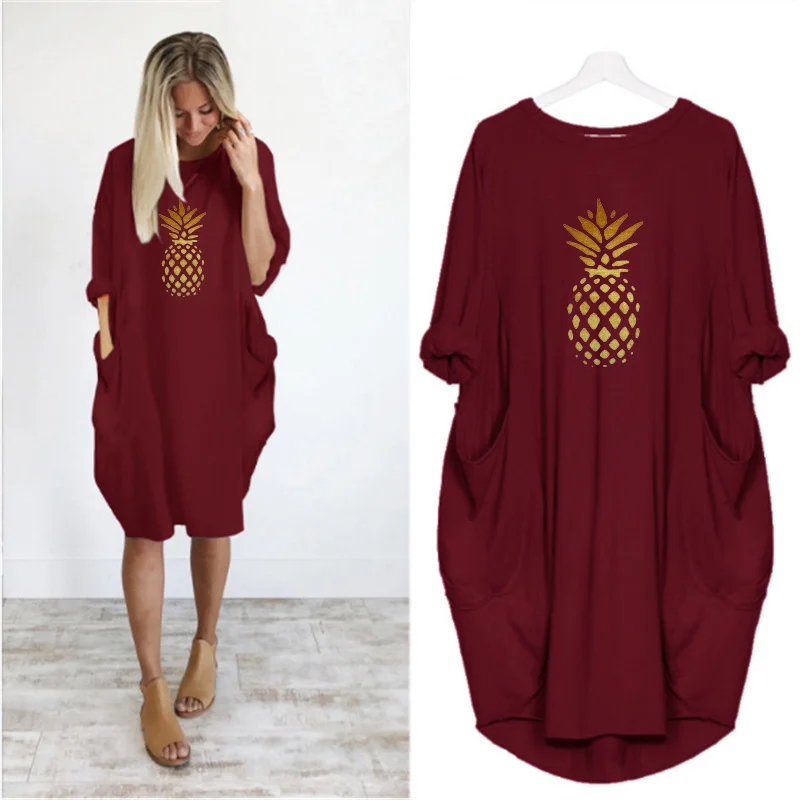 

Women Dress 2022 Fruit Pattern Print Long Sleeve O Neck Big Pocket Knee Dresses Autumn Dress Women Casual Korean Fashion Clothes