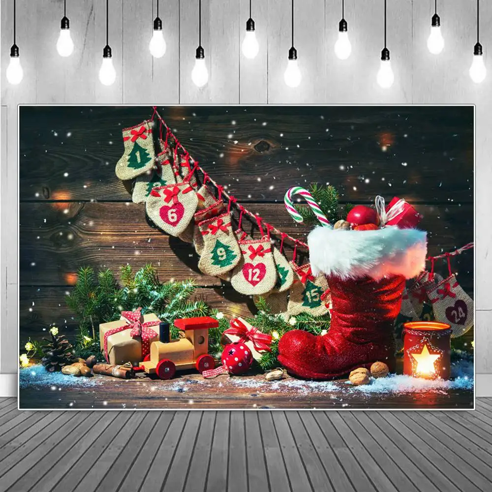 

Wooden Board Christmas Boots Socks Photography Backdrops Children Red Lucky Bags Car Star Plank Box Home Studio Photo Background