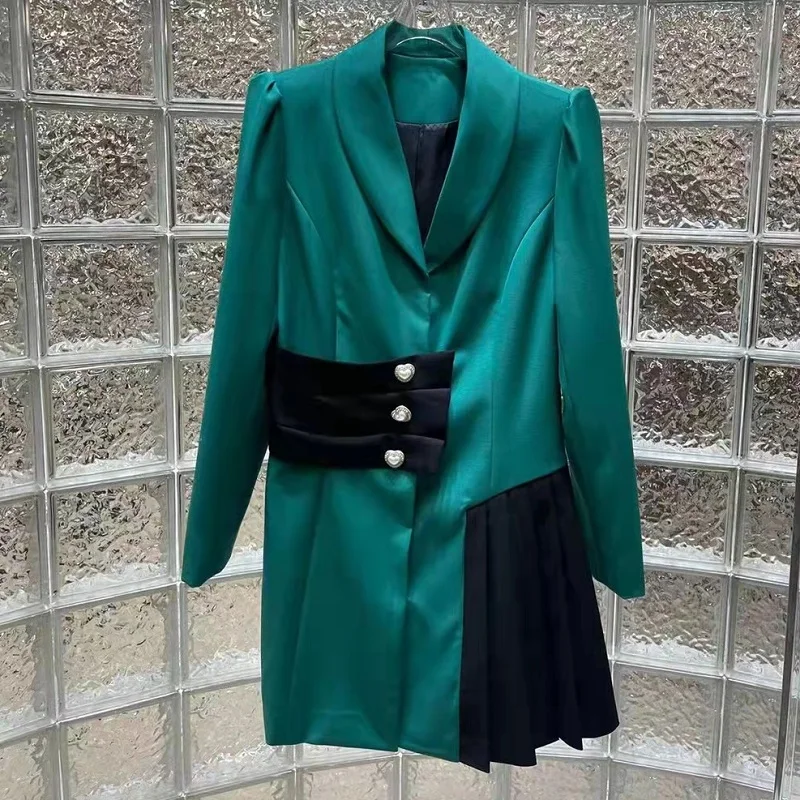 

Blazer Dress 2022 Spring Fashion Style Women Notched Collar Color Block Long Sleeve Pleated Dress Ladies Green Blazer Outfits