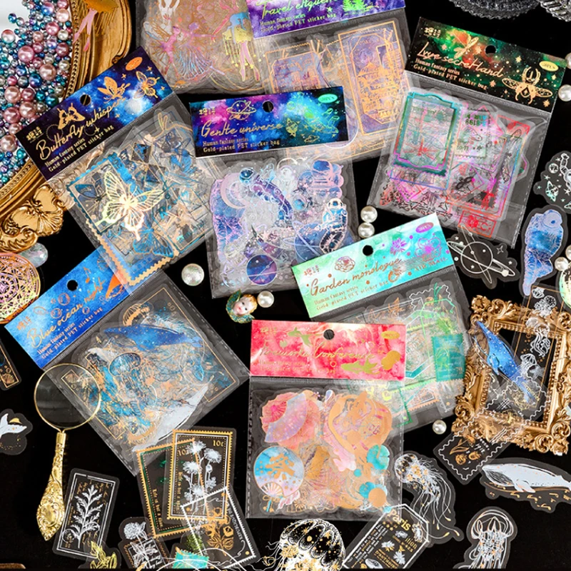 

8 Styles 30pcs/bag Vintage Floral Bronzing Sticker Pack Literary Animal Hand Account DIY Decorative Stationery Stickers