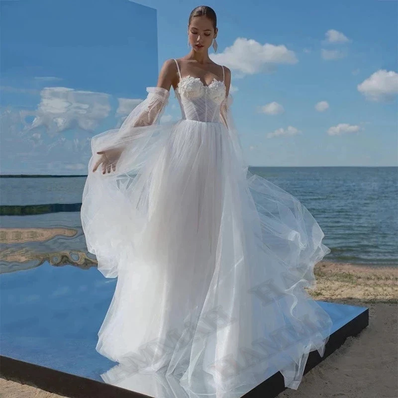 

HAMMAH Elegant 2022 Wedding Gown For Bride Sweetheart Court Train Spaghetti Strap Lace Up A-LINE Appliques Robe De Mariée