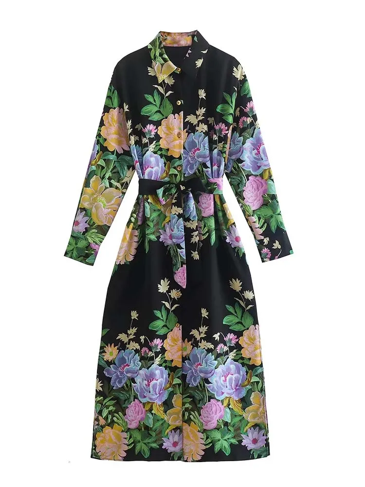 

Платье-рубашка женское средней длины с цветочным принтом и длинным рукавом