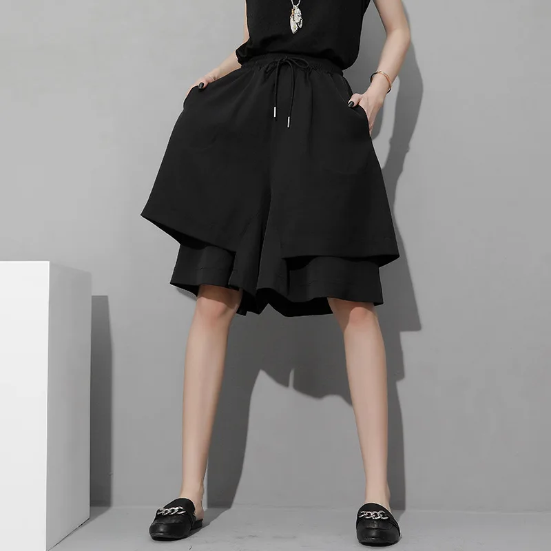 

SuperAen European and American Fashion Irregular Cropped Pants Casual Loose Women's Fashion Elastic Waist Lace Up Wide Leg Pants