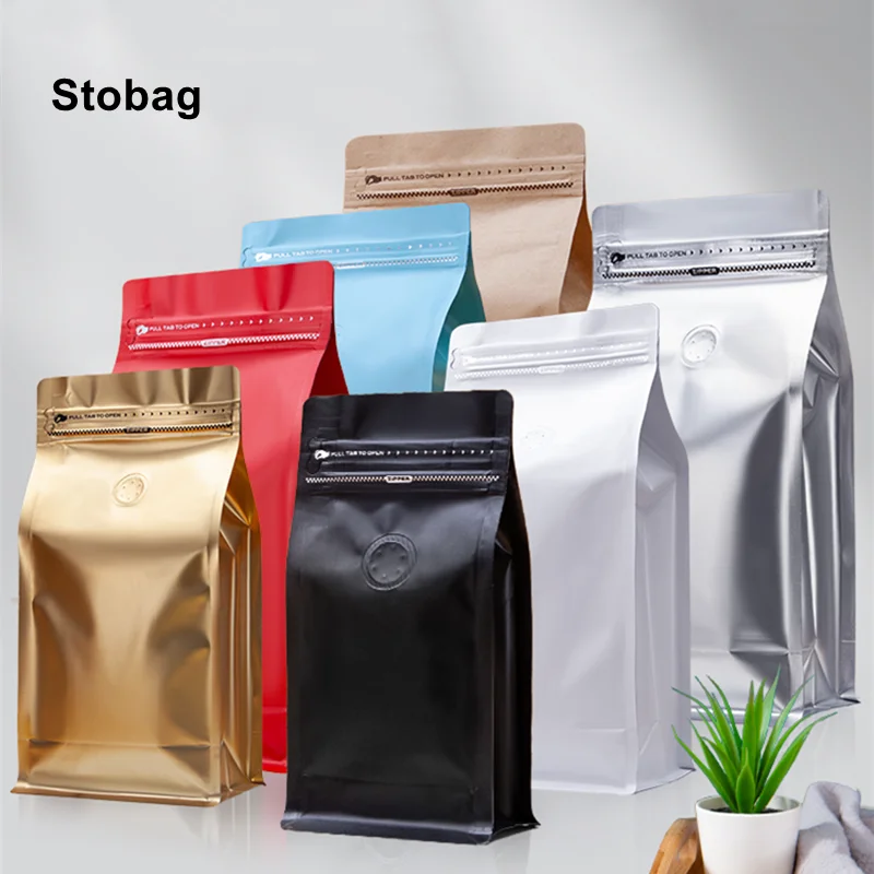StoBag 50pcs Coffee Beans Aluminum Foil Packaging Bag with Air Valve Sealed Food Powder Tea Nuts Storage Airtight Pouches Print