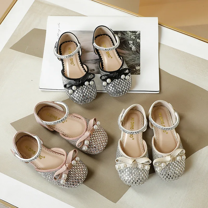 JY Hight Quality Children Girls  PU Princess Shoes Flat Casual Pearl sandals 23-35 Pink Beige Black 168-39  XDB