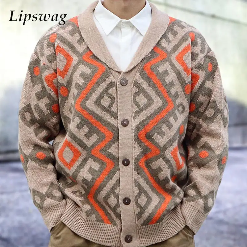 

Мужская повседневная трикотажная жаккардовая куртка с длинным рукавом и отложным воротником