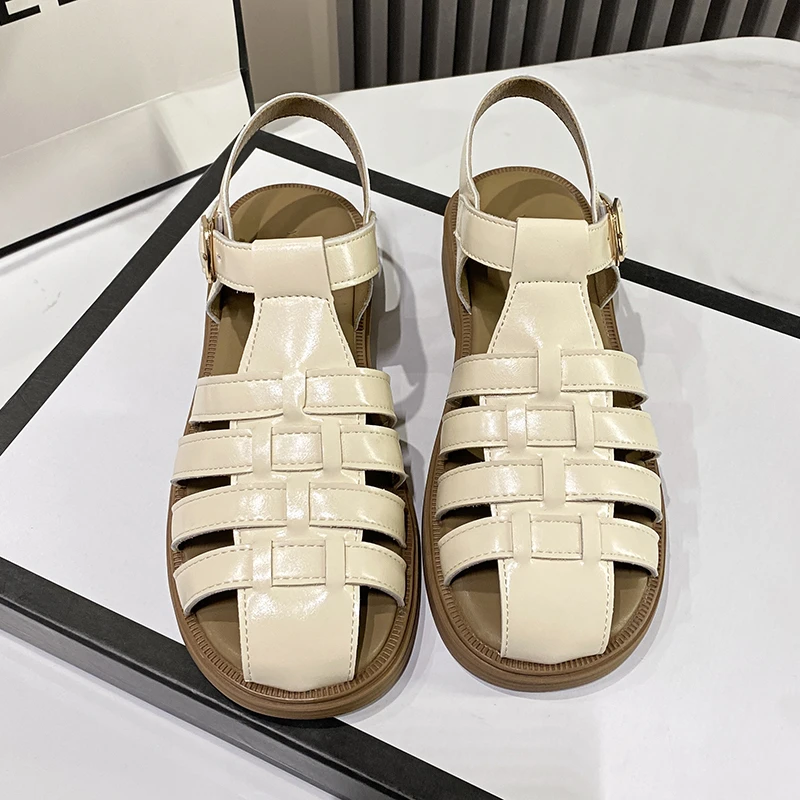 

2023 New Summer Round Toe Retro Sandals Cow Leather Cut Outs Rome Women Buckle Strap Ytmtloy Sadalias Femininas Sapato