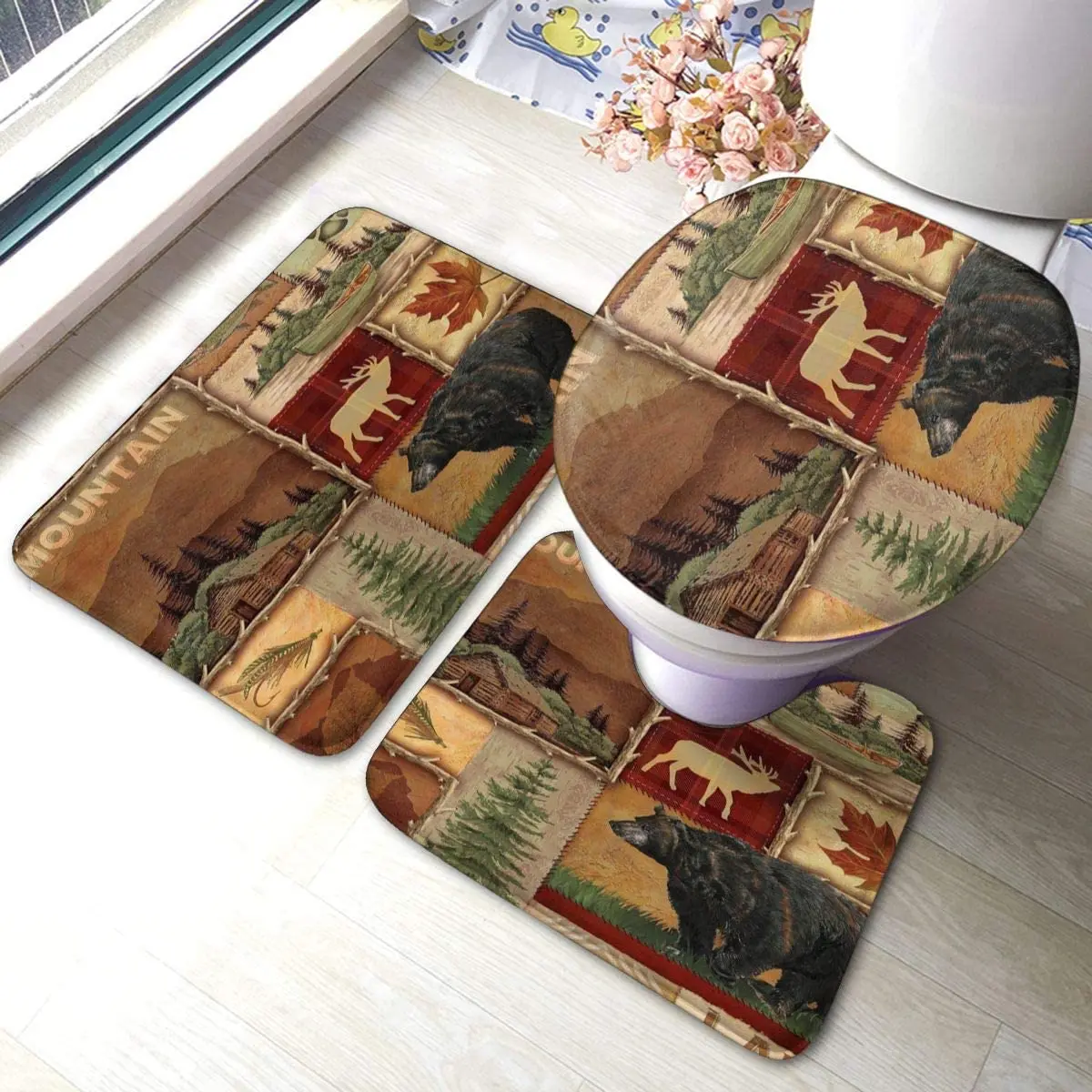 

Rustic Lodge Bear Moose Bathroom Rug Mats 3 Piece Set Bath Mat Contour Rug Toilet Lid Cover with Non-Slip Backing Pad