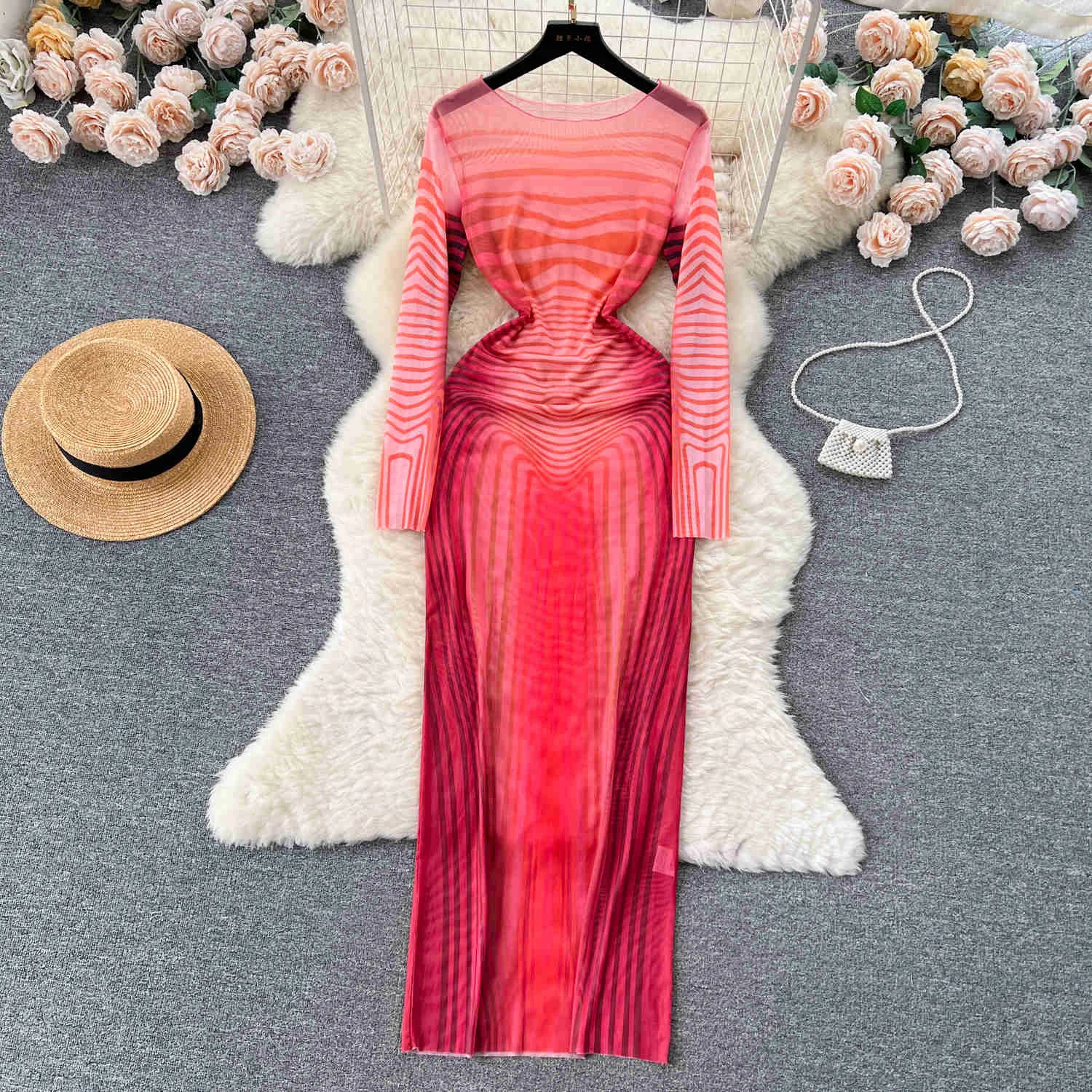 

Сексуальное прозрачное Сетчатое облегающее платье в полоску для женщин, модное облегающее пляжное платье с круглым вырезом и длинным рукавом, летнее платье