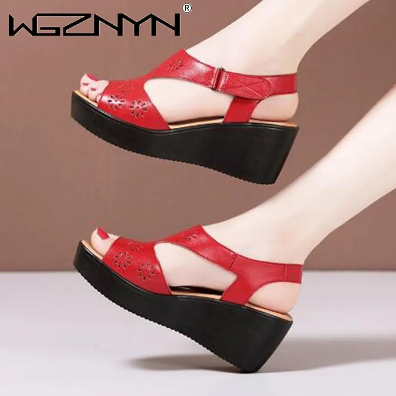 

Hot 2022 New Soft High-quality Summer Genuine PU Leather Hollow Sandals Comfortable Wedges Platform Sandals Womenl Sandal Shoes